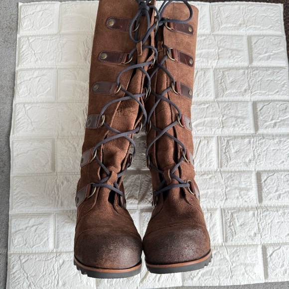 Sorel Joan Of Artic Tall Lace Up Wedge Boots Hawk Brown Suede Leather Size 8.5 - Picture 5 of 8